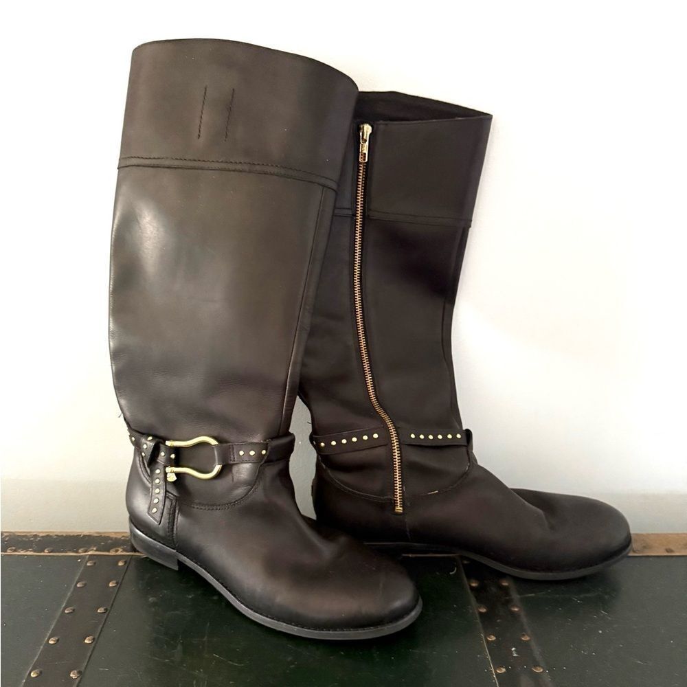 Sperry Top Sider Tall Riding Boots Black Leather gold-studded Womens Size 10